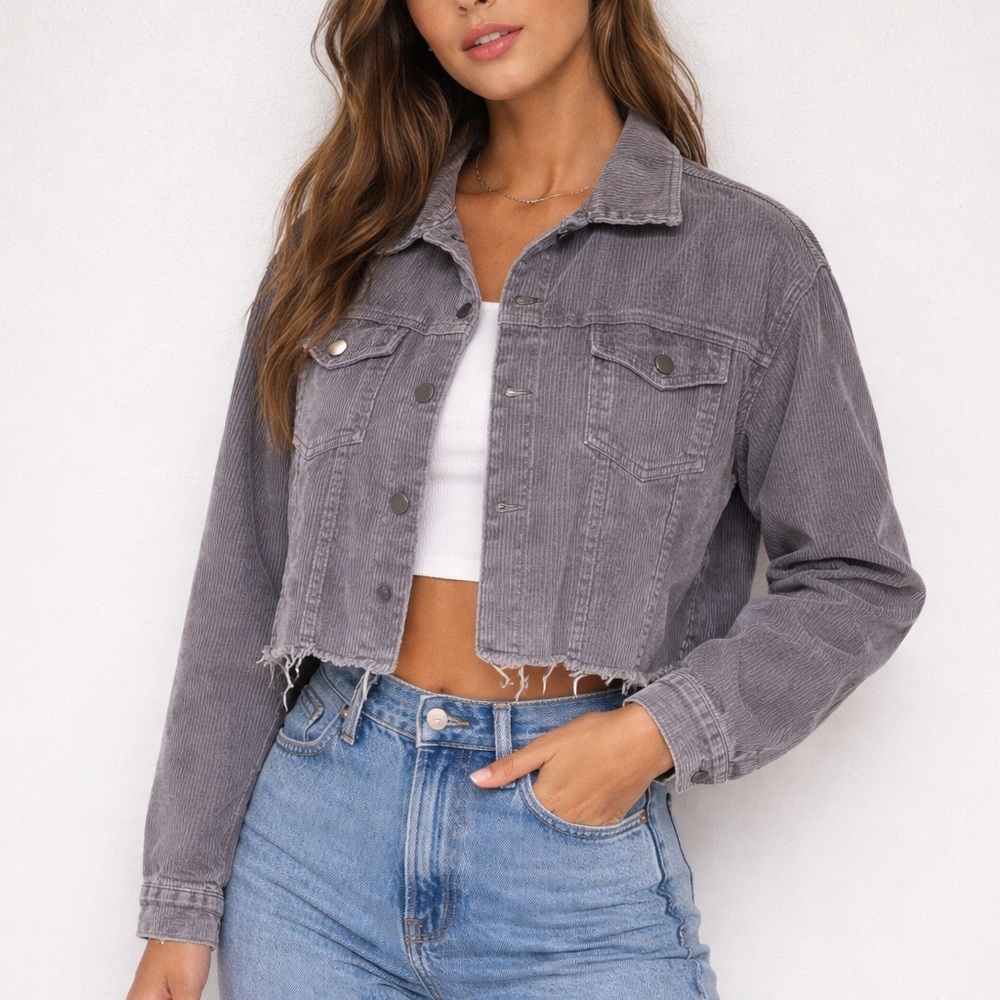 POL Gray/Lavender Corduroy Frayed-Hem Cropped Jacket size Small